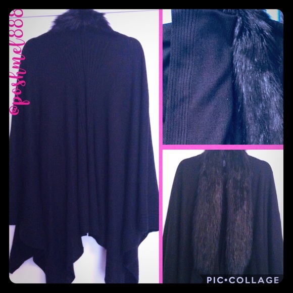 INC Women's Black Faux-Fur-Collar Poncho Sweater - Picture 3 of 7